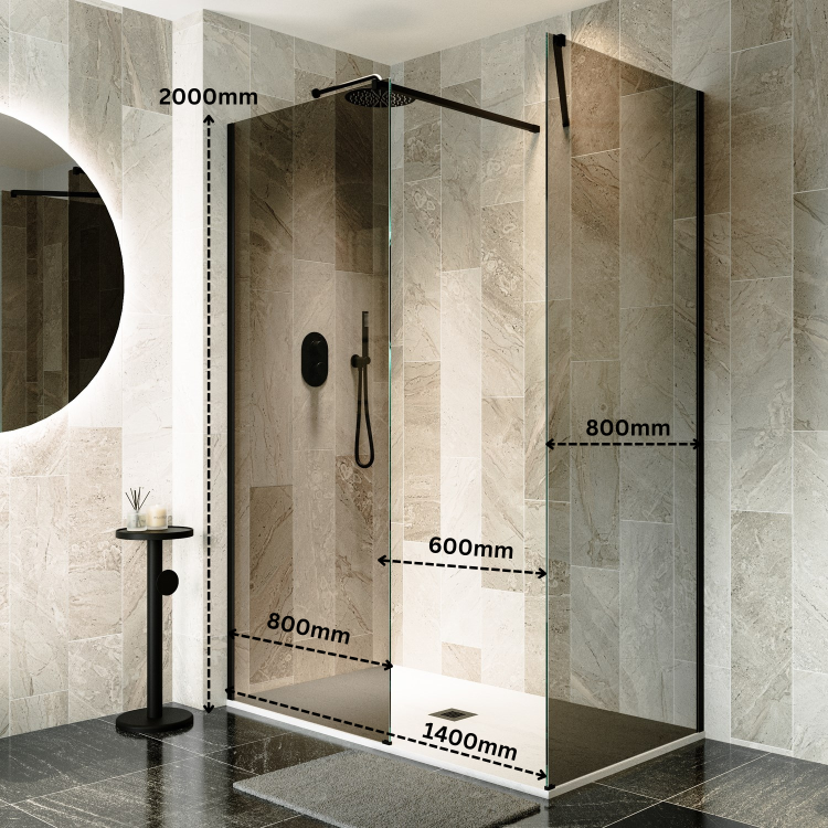 1400x800mm Black Smoked/Frosted Glass Shower Enclosure for Wet Room & Walk In Shower - Atlas