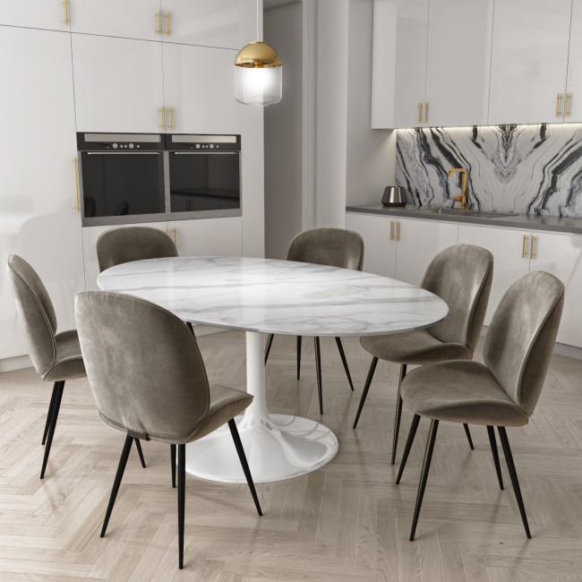 Oval White Marble Gloss Pedestal Dining Table with 6 Dining Chairs in Mink Velvet