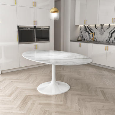 Oval White Marble Gloss Pedestal Dining Table with 6 Dining Chairs in Mink Velvet