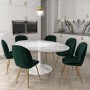 White Marble Oval Pedestal Dining Table with 6 Dining Chairs in Dark Green