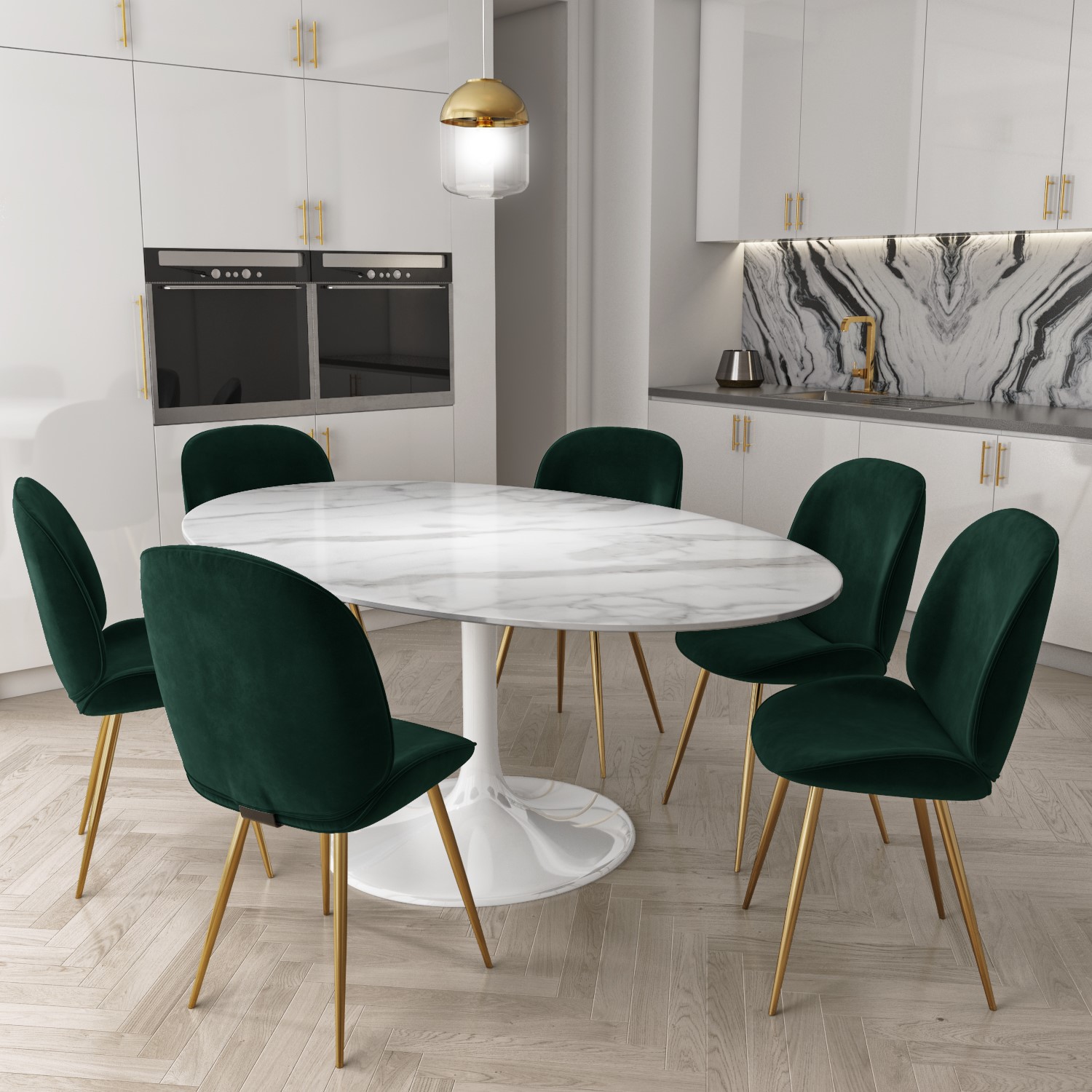 white marble oval pedestal dining table with 6 dining chairs in dark green