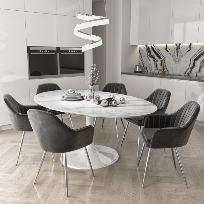 Aura White Marble Oval Dining Table with 6 Grey Velvet Chairs