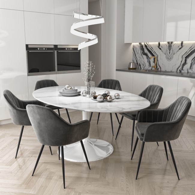 Aura Oval White Marble Dining Table with 6 Grey Velvet Dining Chairs with Black Legs