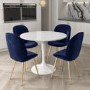 White Round High Gloss Dining Table with 4 Dining Chairs in Navy Blue Velvet