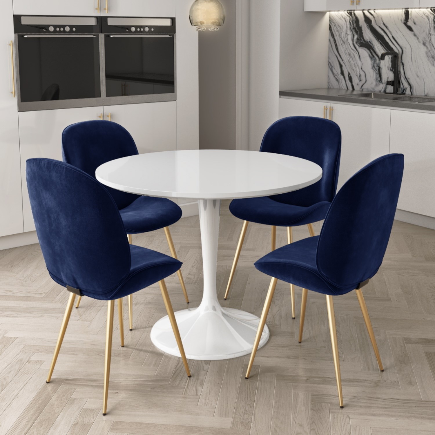 White table navy chairs online