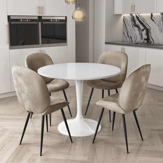 White Round High Gloss Dining Table with 4 Dining Chairs in Mink Velvet