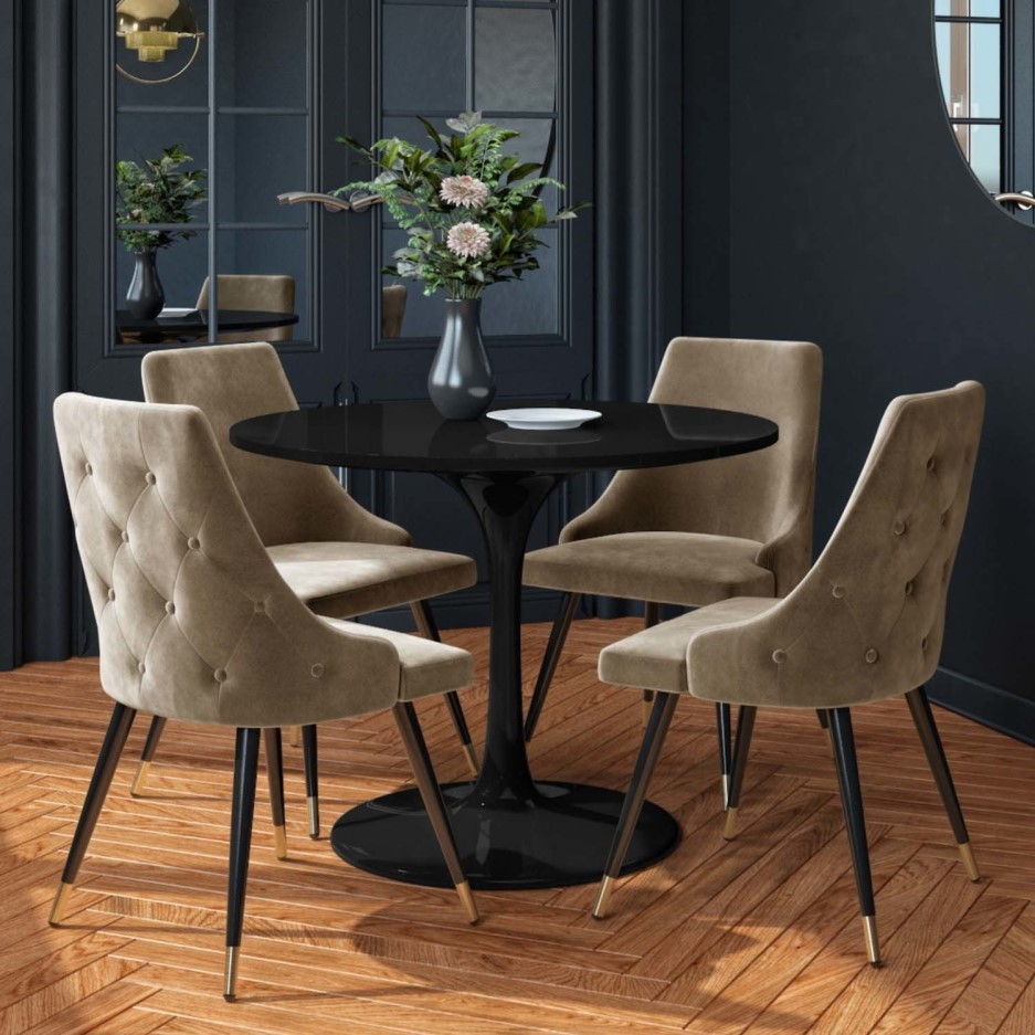 Aura Black Round High Gloss Dining Table with 4 Beige Velvet Dining