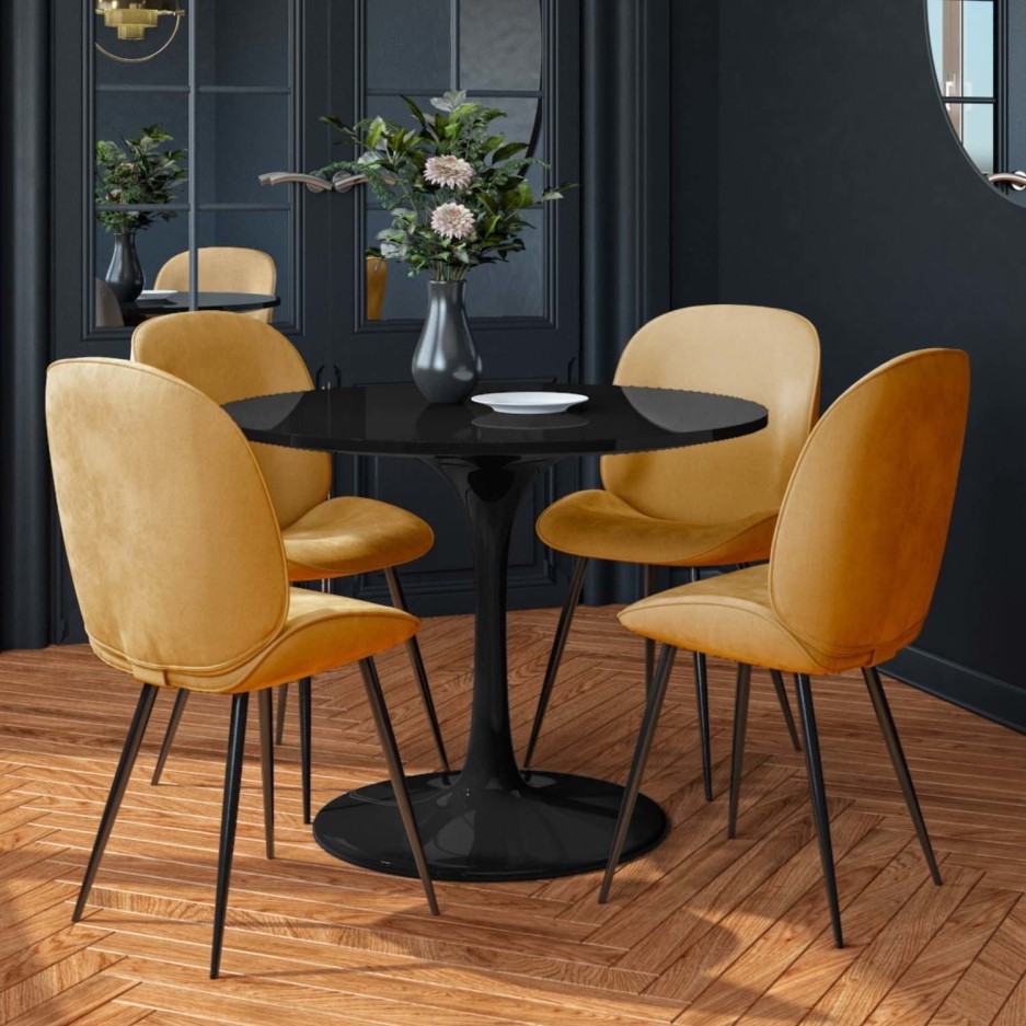 Restaurant dinner camp menu oregon breakfast dining fine Aura Black Round High Gloss Dining Table with 4 Mustard Velvet Chairs
