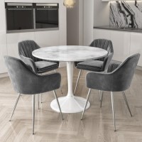 Aura Round White Faux Marble Dining Table with 4 Grey Velvet Dining Tub Chairs with Chrome Legs