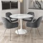 Aura Round White Faux Marble Dining Table with 4 Grey Velvet Dining Tub Chairs with Chrome Legs