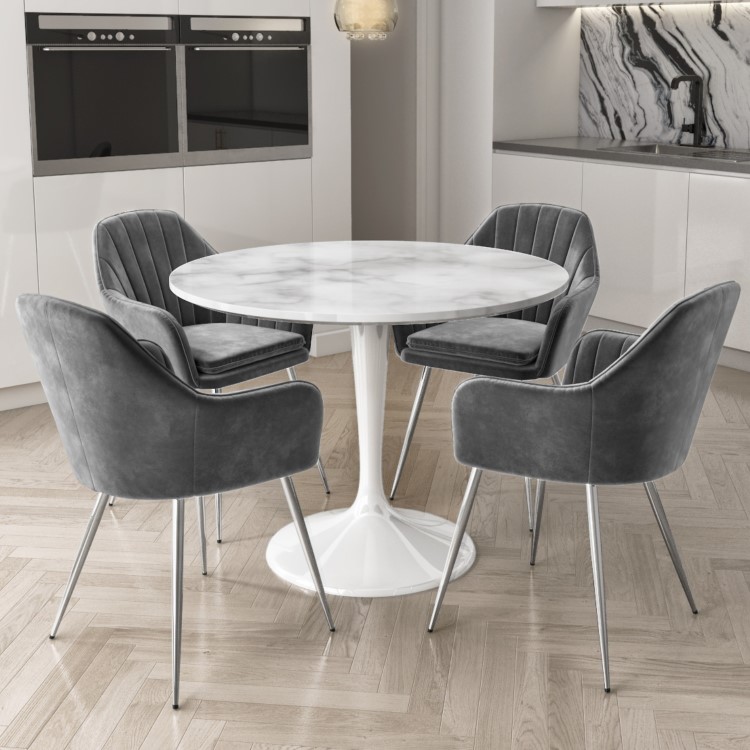 Aura Round White Faux Marble Dining Table with 4 Grey Velvet Dining Tub Chairs with Chrome Legs