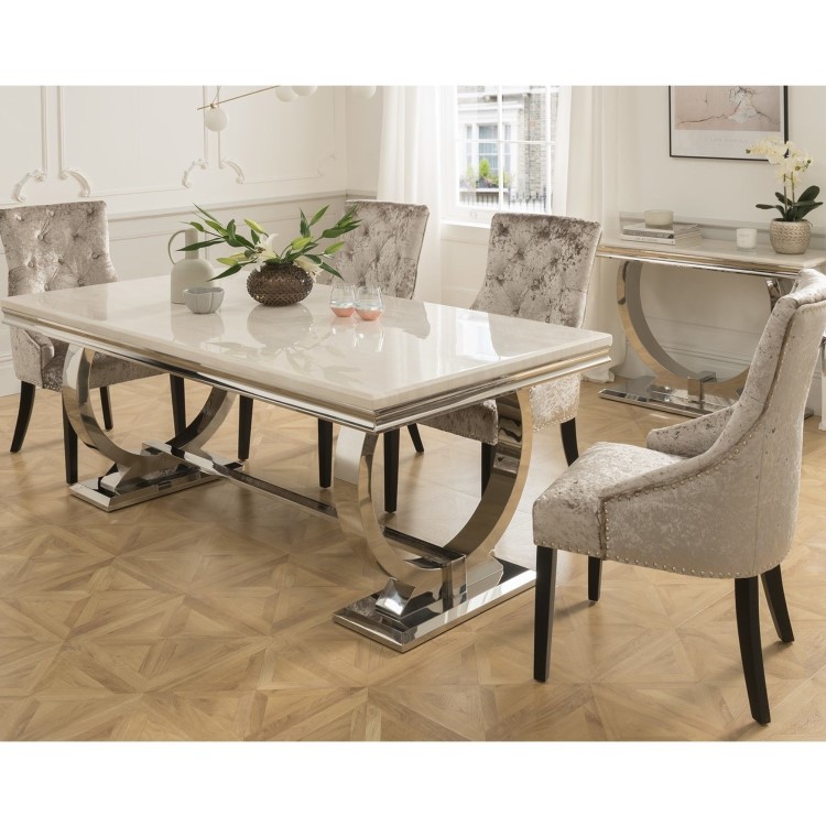 Vida Living Arianna Cream Marble Dining Table with 4 Crushed Velvet Dining Chairs