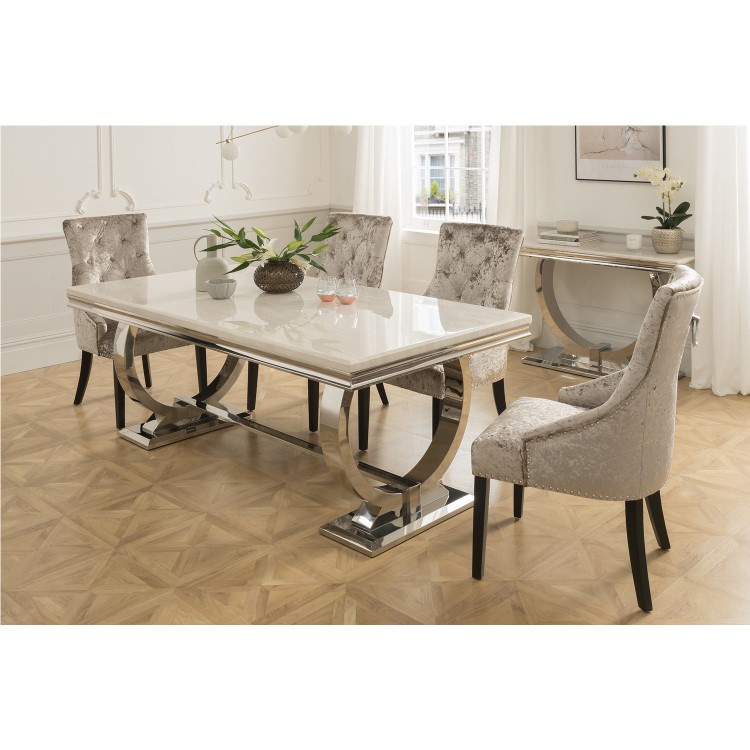 Vida Living Arianna Cream Marble Dining Table with 4 Crushed Velvet Dining Chairs