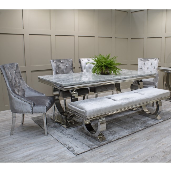 Arianna Grey Marble Dining Set with 180cm Table 4 Velvet Chairs & Bench - Vida Living