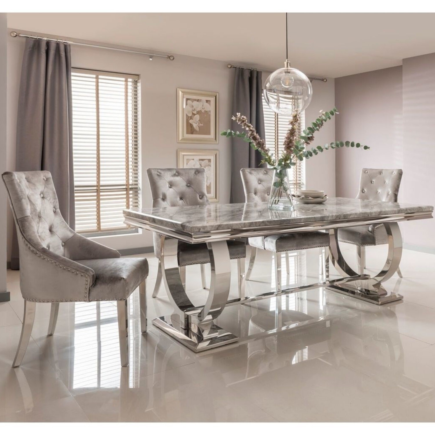 Arianna Grey Marble Dining Set With 180cm Table 4 Velvet Chairs Buyitdirect Ie