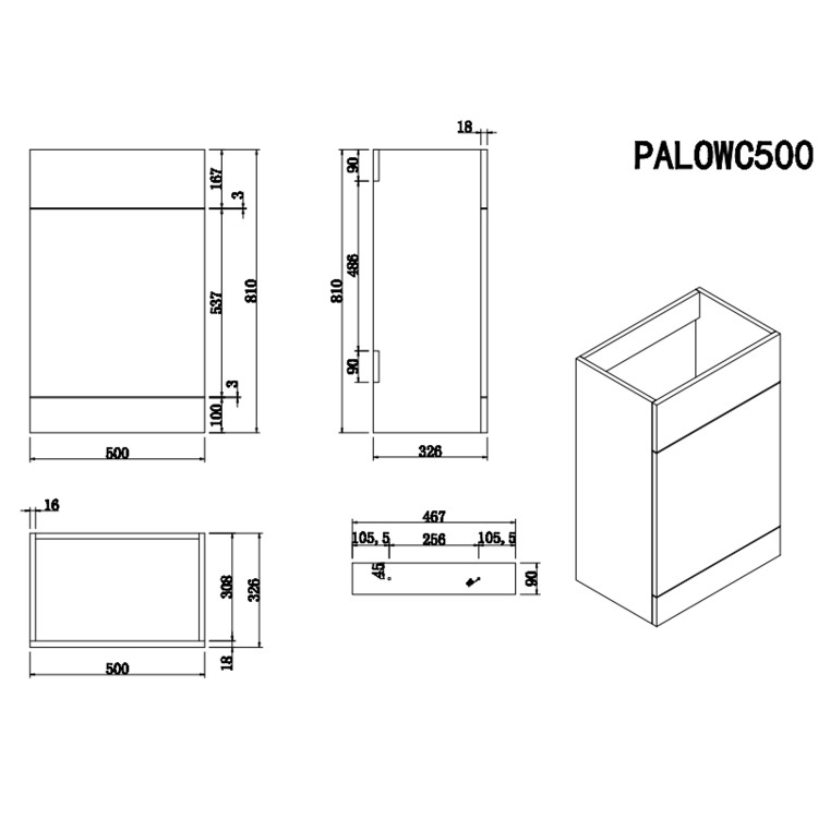 ONLY OPENED - 500mm WC Unit with Worktop- Black- Palma