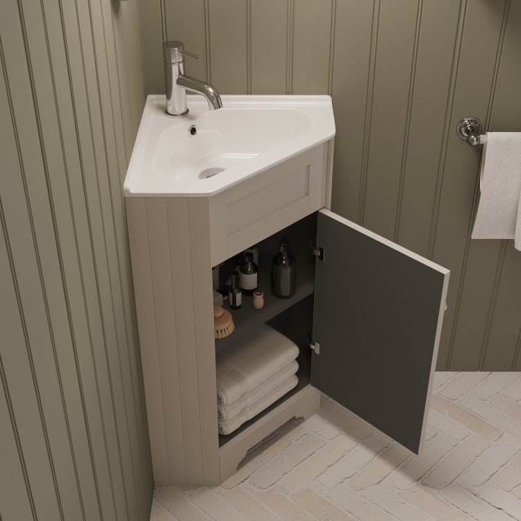 580mm Beige Corner Freestanding Cloakroom Vanity Unit with Basin - Baxenden
