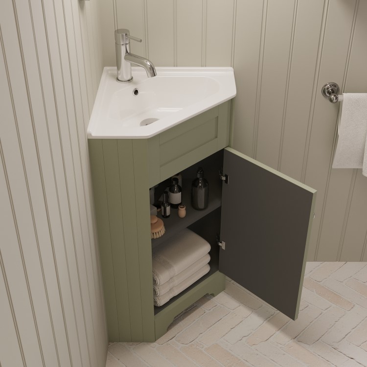 580mm Green Corner Freestanding Cloakroom Vanity Unit with Basin - Baxenden