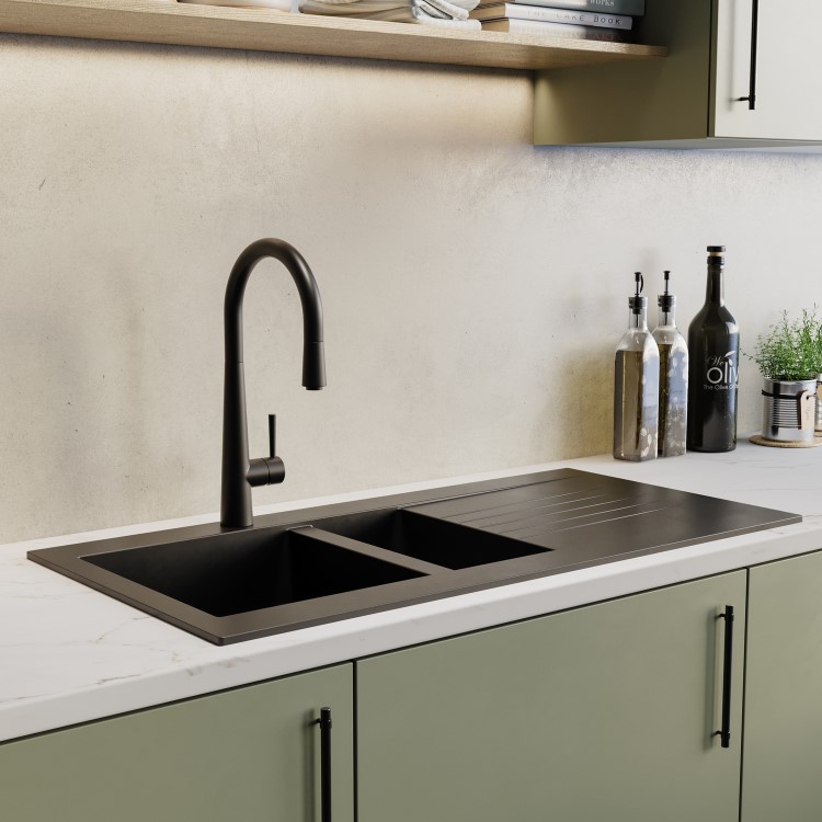 Black 1.5 Bowl Composite Kitchen Sink with Reversible Drainer & Black Single Lever Kitchen Mixer Tap - Essence