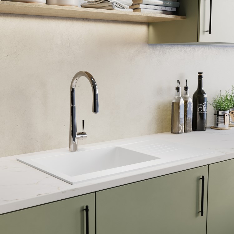 White Single Bowl Composite Inset kitchen Sink with Reversible Drainer & Chrome Dual Lever Kitchen Mixer Tap