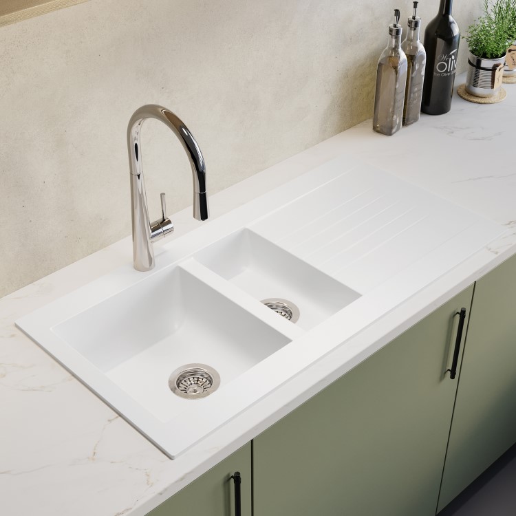 1.5 Bowl White Composite Inset Kitchen Sink with Reversible Drainer & Chrome Single Lever Kitchen Mixer Tap - Essence