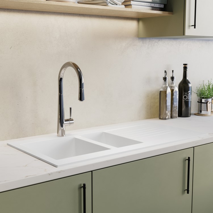1.5 Bowl White Composite Inset Kitchen Sink with Reversible Drainer & Chrome Single Lever Kitchen Mixer Tap - Essence