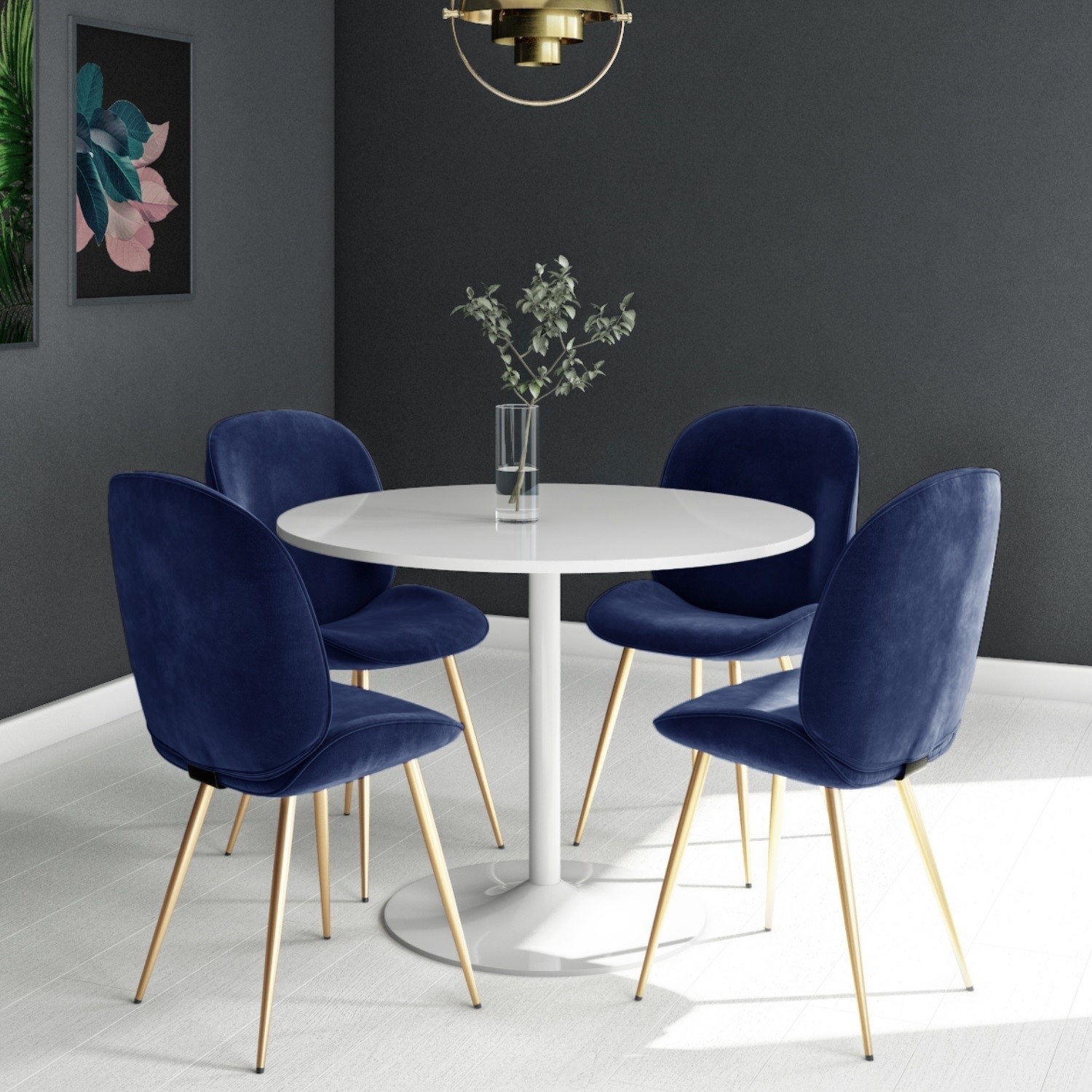 Jenna White Round Table 4 Chairs In Blue Velvet With Gold Legs