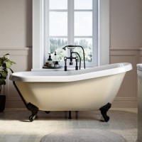 ALMOST PERFECT - Beige Freestanding Single Ended Roll Top Slipper Bath with Black Feet 1615 x 690mm - Bowland