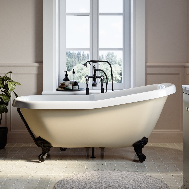 ALMOST PERFECT - Beige Freestanding Single Ended Roll Top Slipper Bath with Black Feet 1615 x 690mm - Bowland