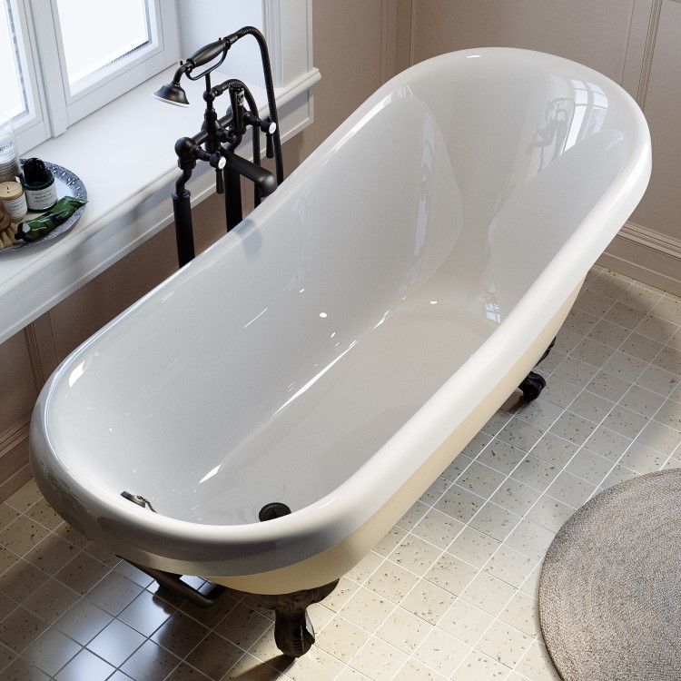 ALMOST PERFECT - Beige Freestanding Single Ended Roll Top Slipper Bath with Black Feet 1615 x 690mm - Bowland