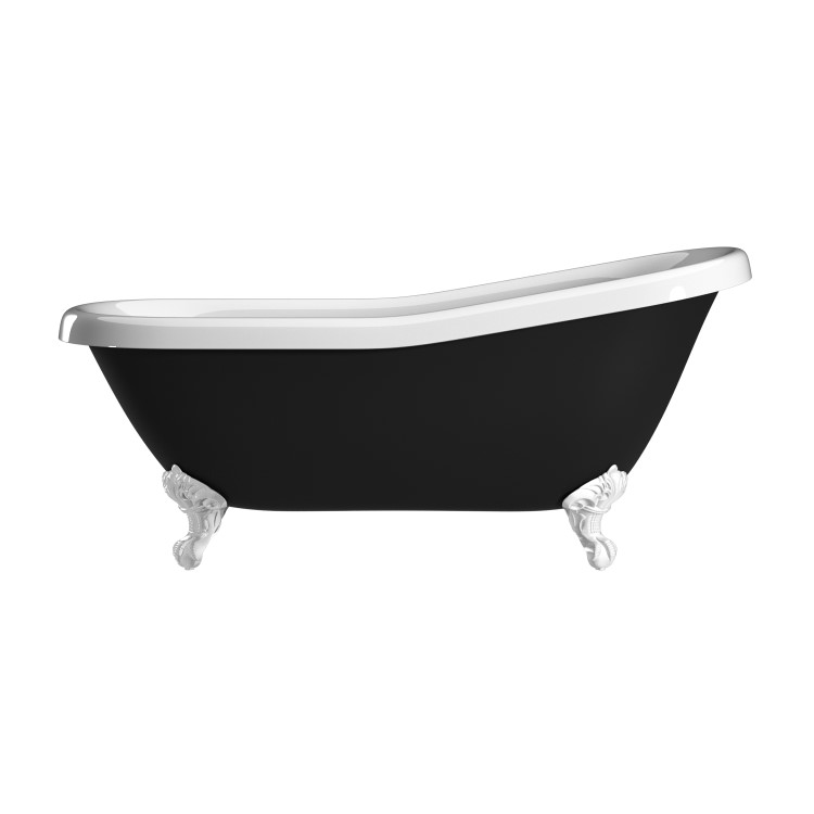 Black Freestanding Single Ended Roll Top Slipper Bath with White Feet 1615 x 690mm - Park Royal