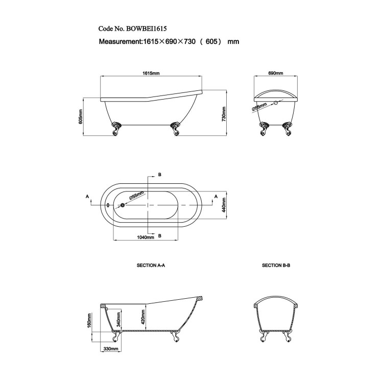 ALMOST PERFECT - Beige Freestanding Single Ended Roll Top Slipper Bath with Black Feet 1615 x 690mm - Bowland
