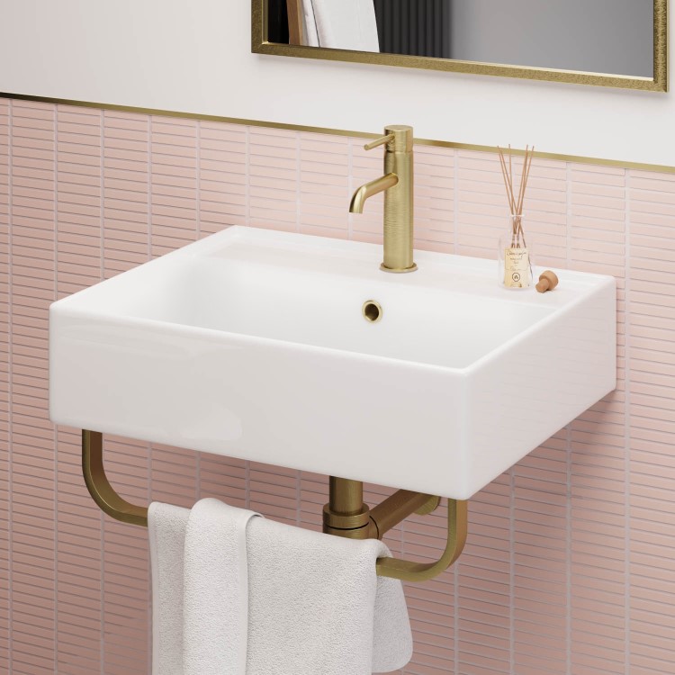 ONLY OPENED - Bowen Wall Hung / Countertop Gloss White Basin 497*397*130 With Brushed Brass Single Rack