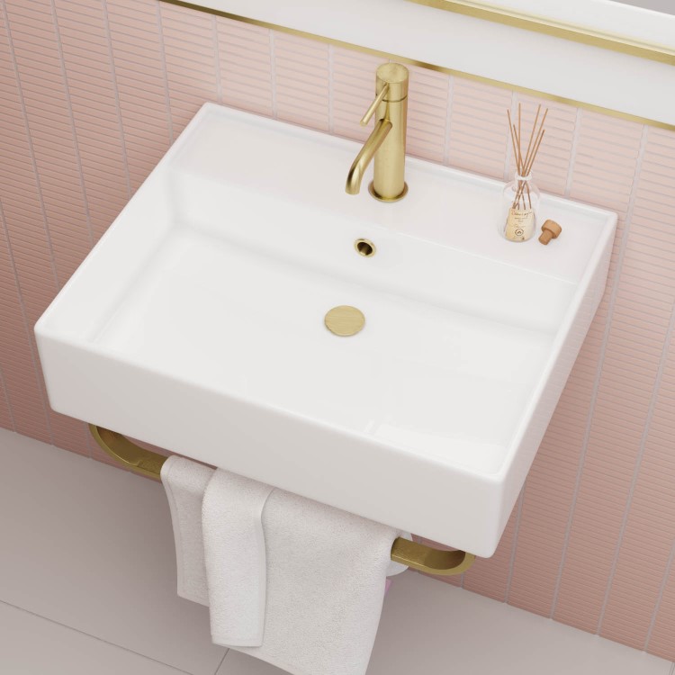 ONLY OPENED - Bowen Wall Hung / Countertop Gloss White Basin 497*397*130 With Brushed Brass Single Rack
