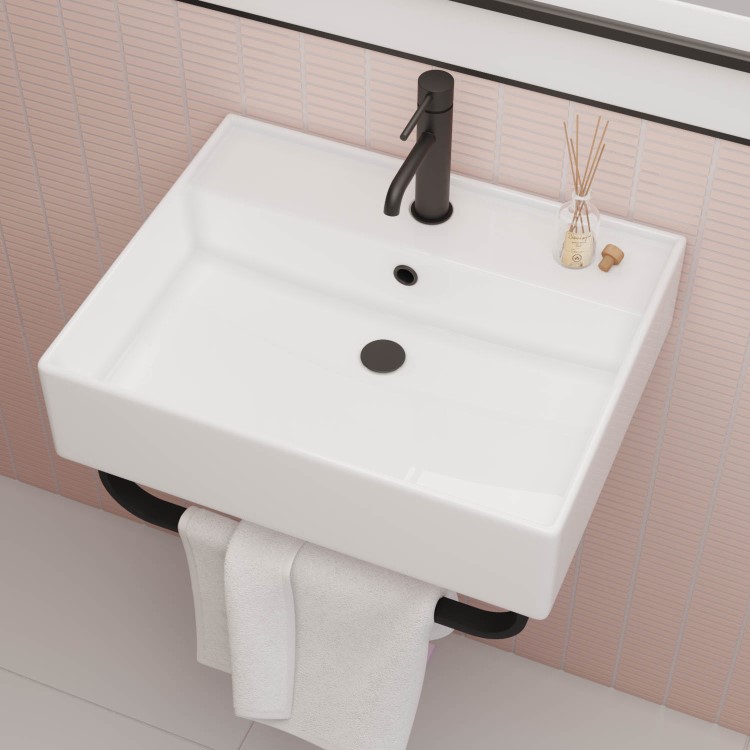 Grade A1 - White Square Wall Hung Basin with Black Rack 497mm - Bowen