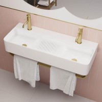 Grade A1 - White Square Wall Hung Double Basin with Brass Rack 800mm - Bowen