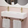 Grade A1 - White Square Wall Hung Double Basin with Brass Rack 800mm - Bowen
