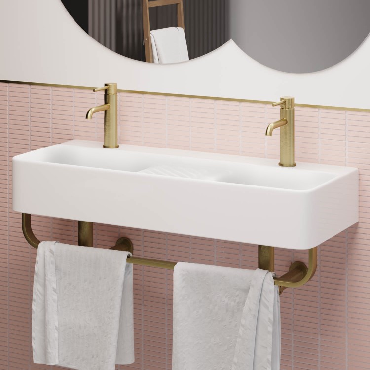 Grade A1 - White Square Wall Hung Double Basin with Brass Rack 800mm - Bowen