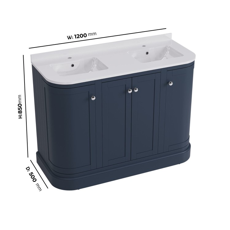 1200mm Blue Curved Freestanding Double Vanity Unit with Basins - Bowland