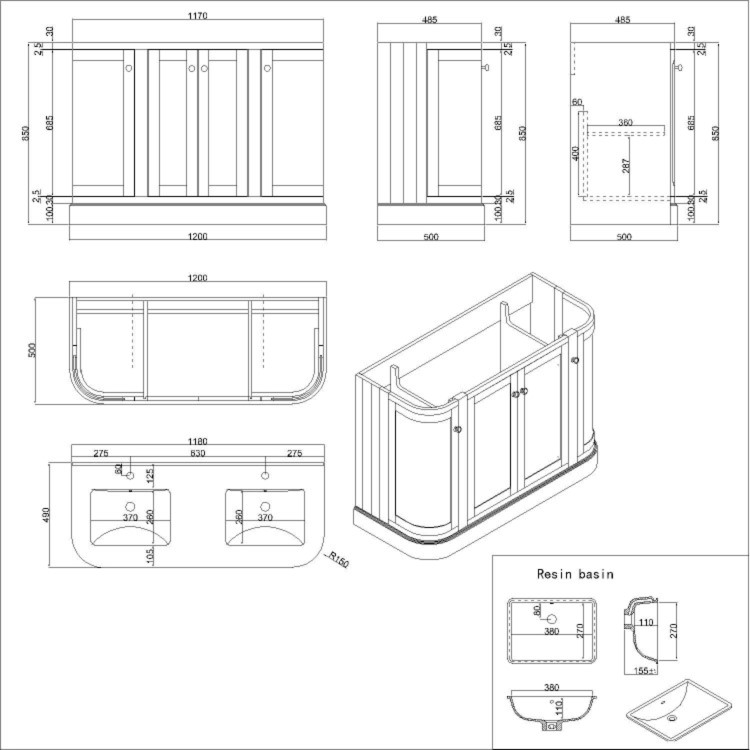 1200mm Blue Curved Freestanding Double Vanity Unit with Basins - Bowland