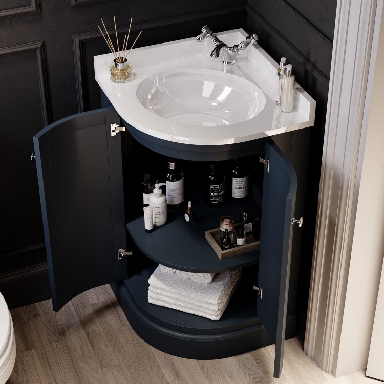 500mm Blue Curved Corner Freestanding Vanity Unit with Basin – Bowland