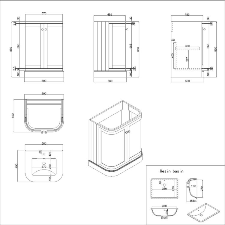 600mm Blue Curved Freestanding Vanity Unit with Basin - Bowland
