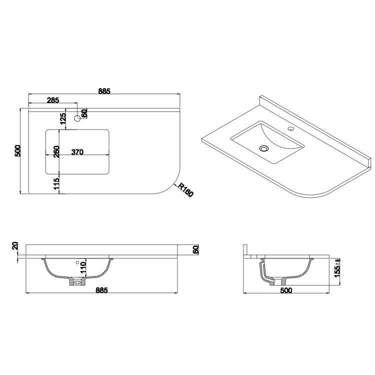 900mm Beige Left Hand Curved Corner Freestanding Vanity Unit with Basin - Bowland