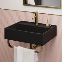 ONLY OPENED - Matt Black Square Wall Hung Basin with Brass Rack 497mm - Bowen