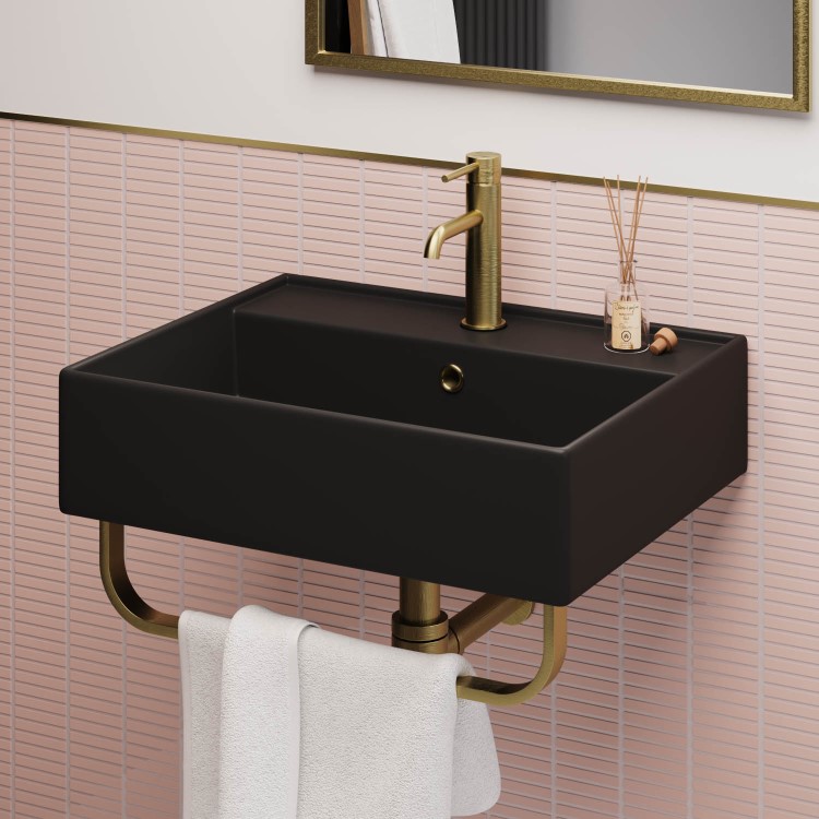 ONLY OPENED - Matt Black Square Wall Hung Basin with Brass Rack 497mm - Bowen