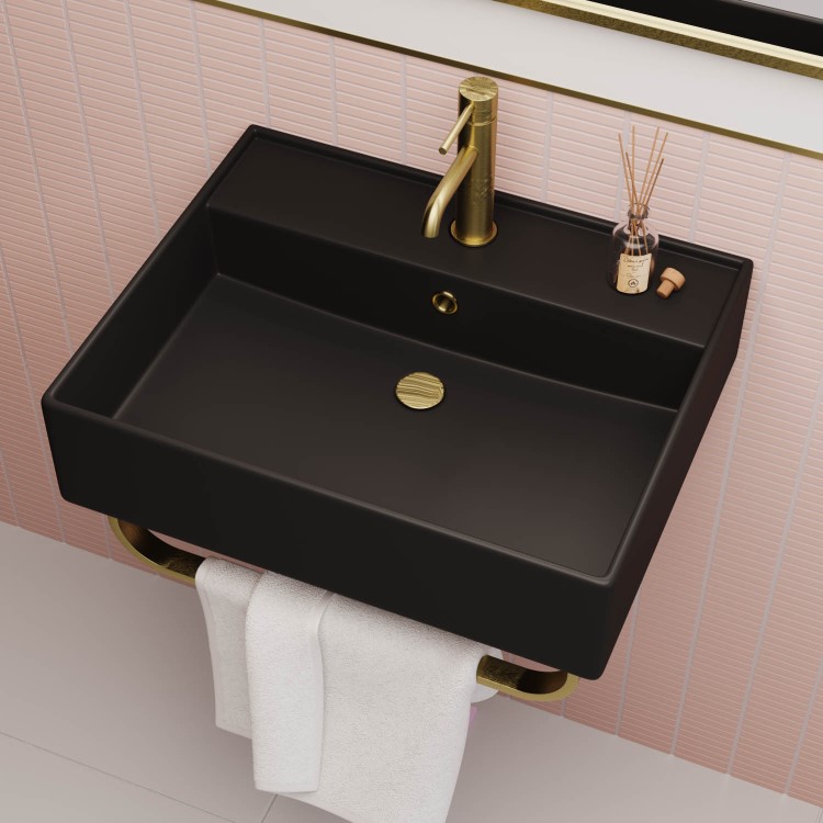 ONLY OPENED - Matt Black Square Wall Hung Basin with Brass Rack 497mm - Bowen