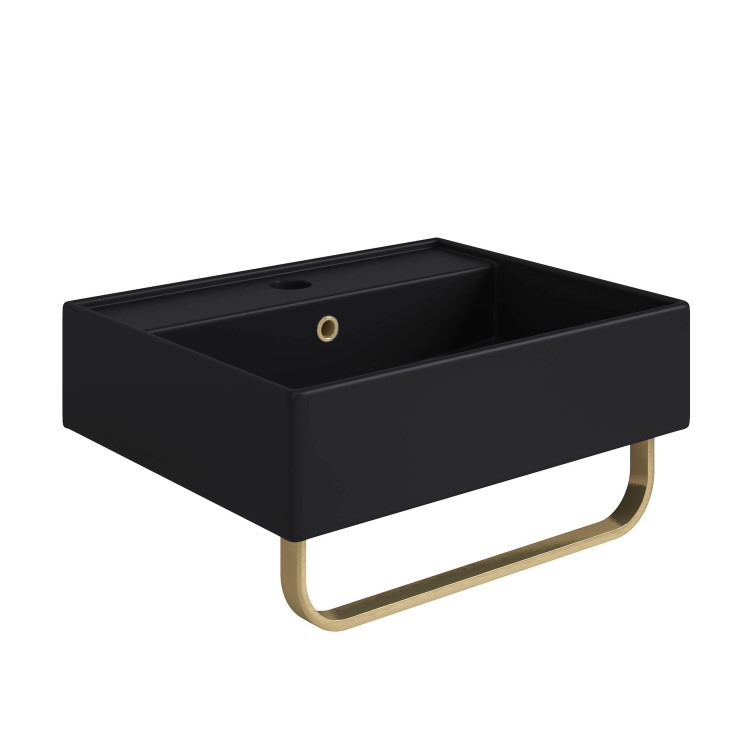 ONLY OPENED - Matt Black Square Wall Hung Basin with Brass Rack 497mm - Bowen