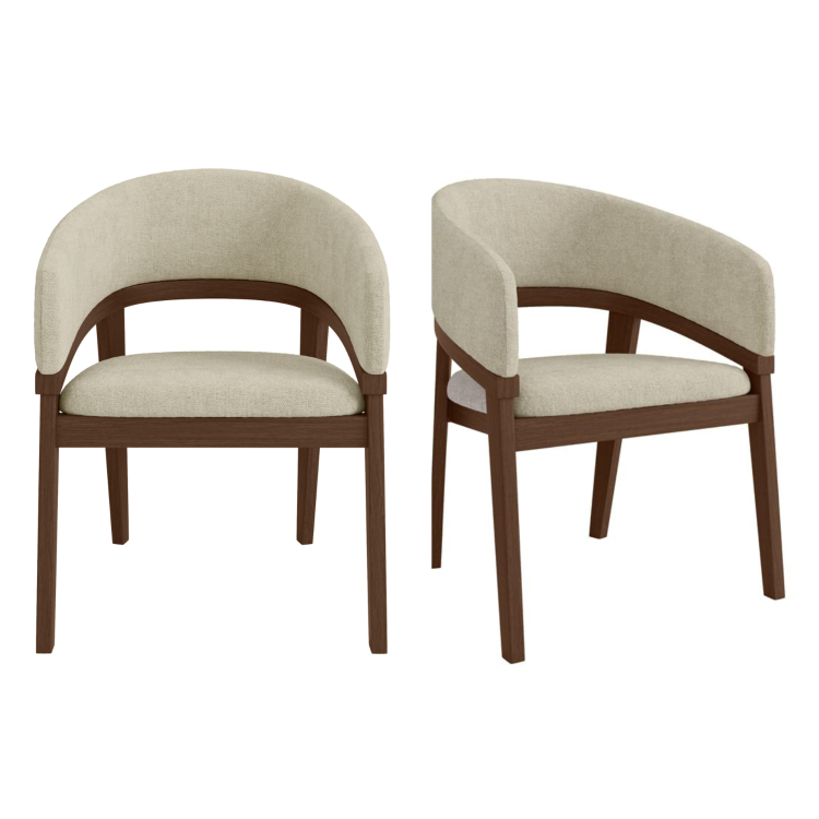 Set of 2 Walnut and Beige Upholstered Curved Dining Chairs - Owen