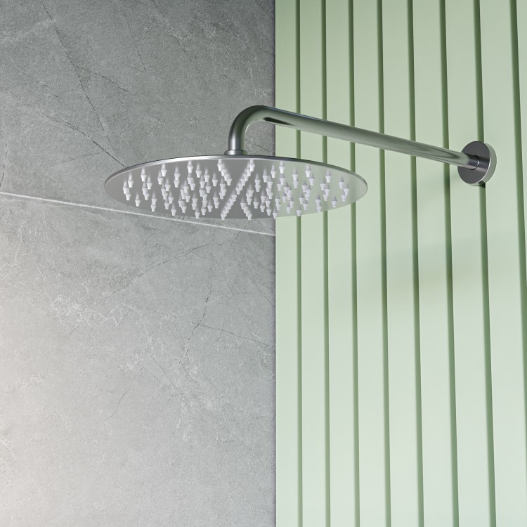 250mm Chrome Round Ultra Slim  Rainfall Shower Head with Wall Arm