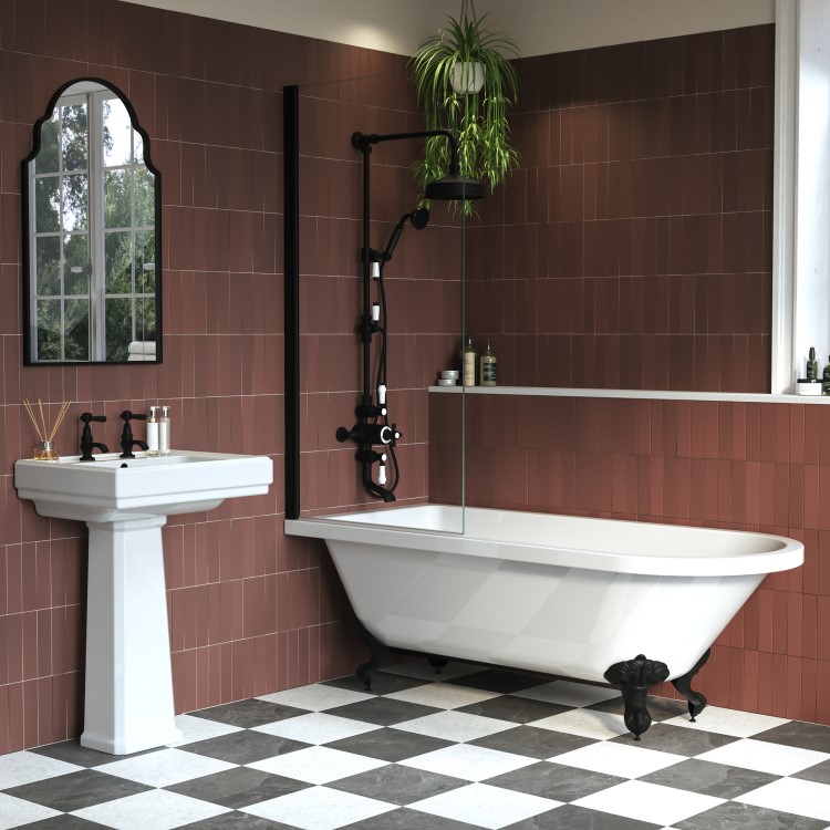 Freestanding Single Ended Shower Bath with Black Feet & Bath Screen - Park Royal